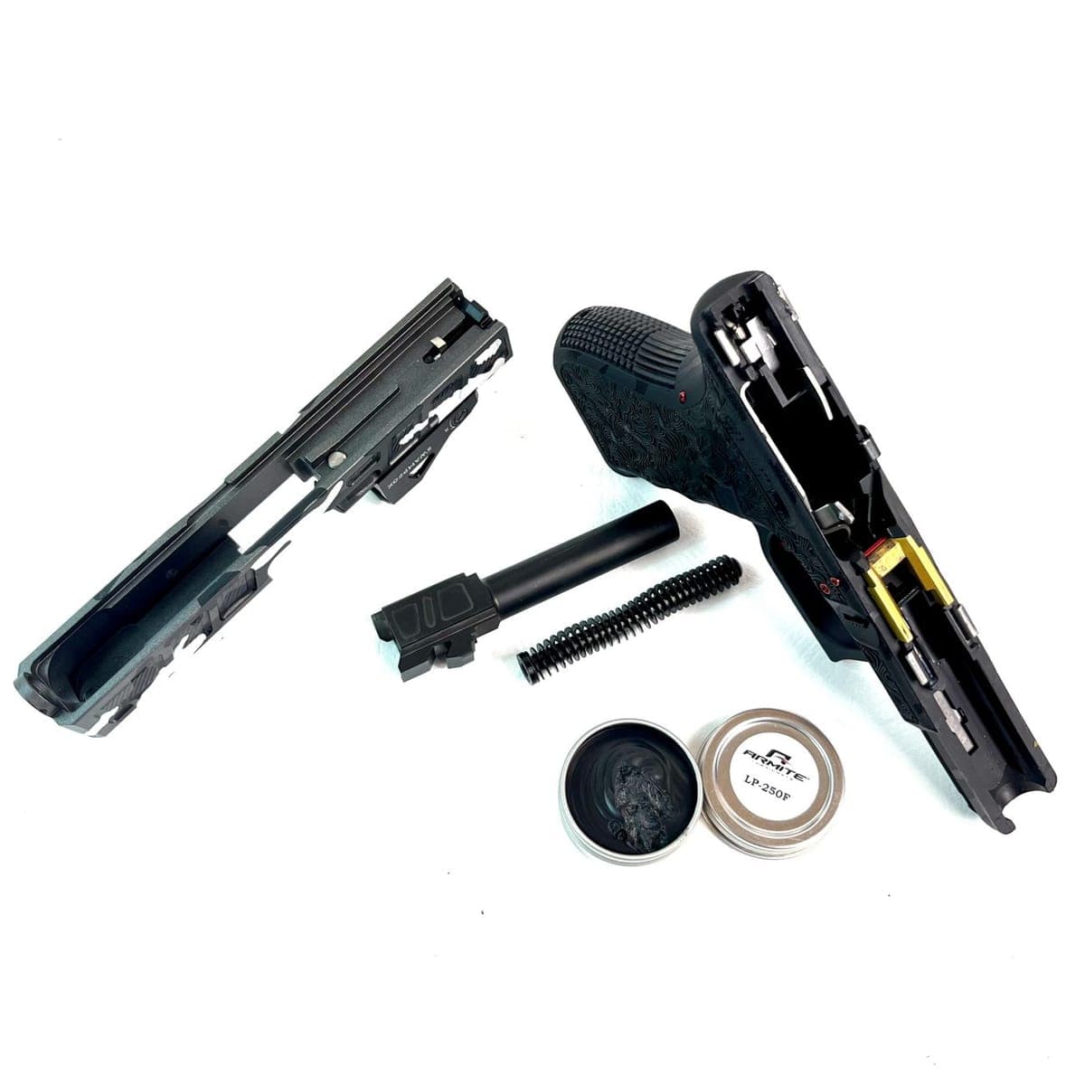 Glock 19 field stripped into slide, barrel, guide rod and frame