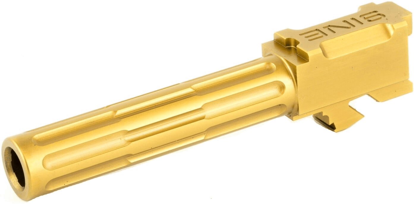 Lantac fluted Glock 19 barrel in a bronze finish, photographed on white