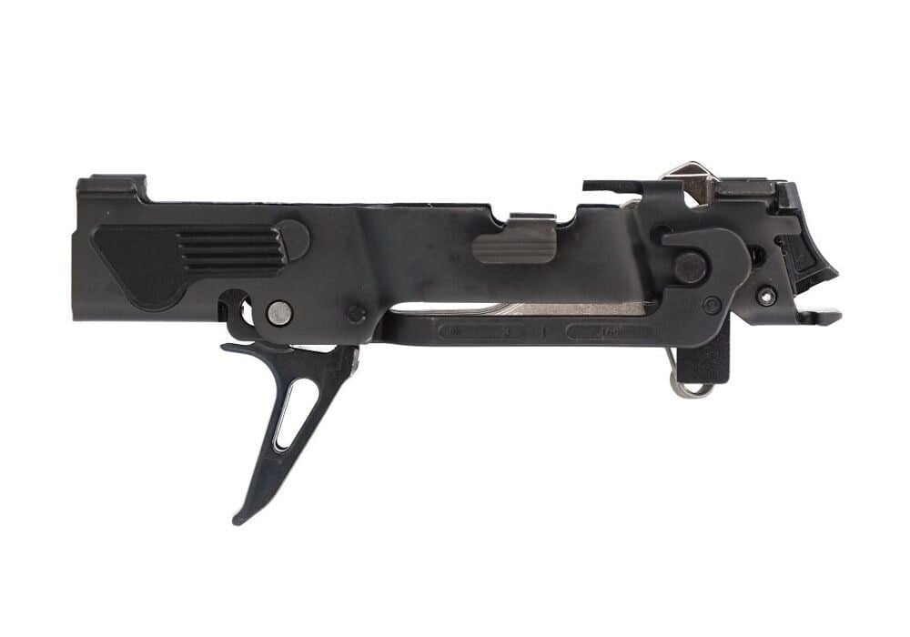 Sig Sauer P320 fire control unit in black with a flat-faced trigger, on white