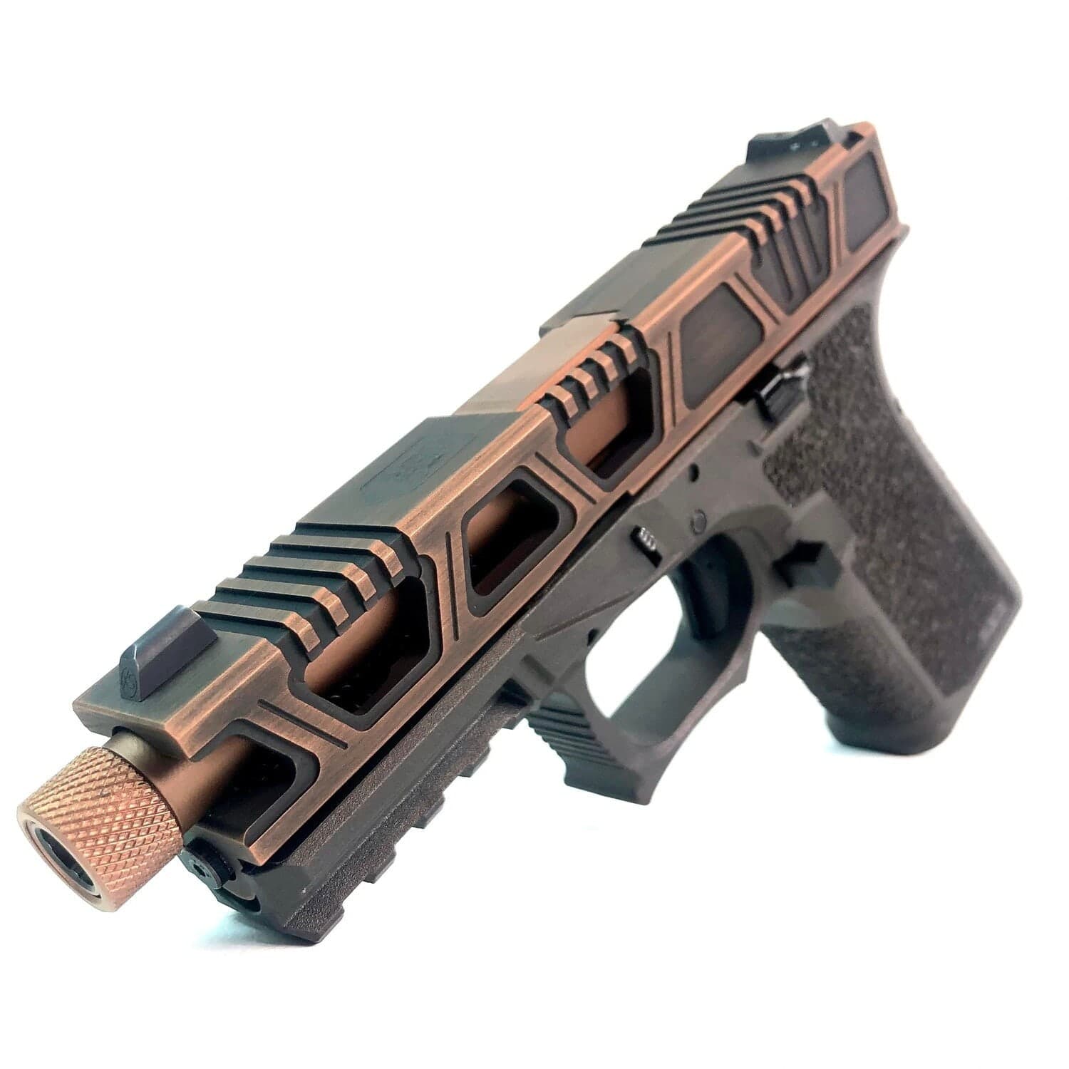 Cyberpunk slide in burnt bronze and black with deep side windows and a copper threaded barrel, on a black Glock 19 frame