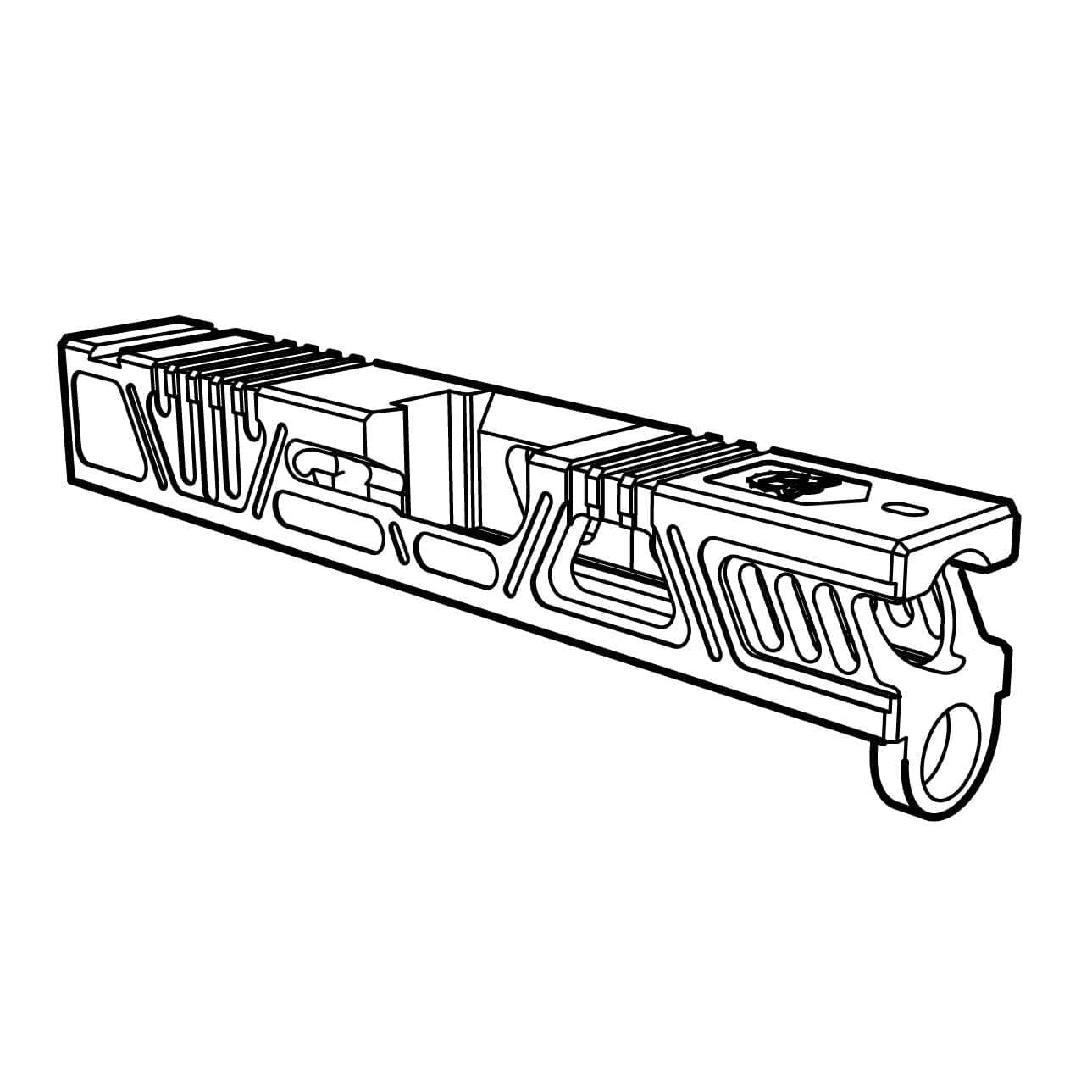 Line drawing of the G43 Cyberpunk slide showing its stepped side windows and front serrations
